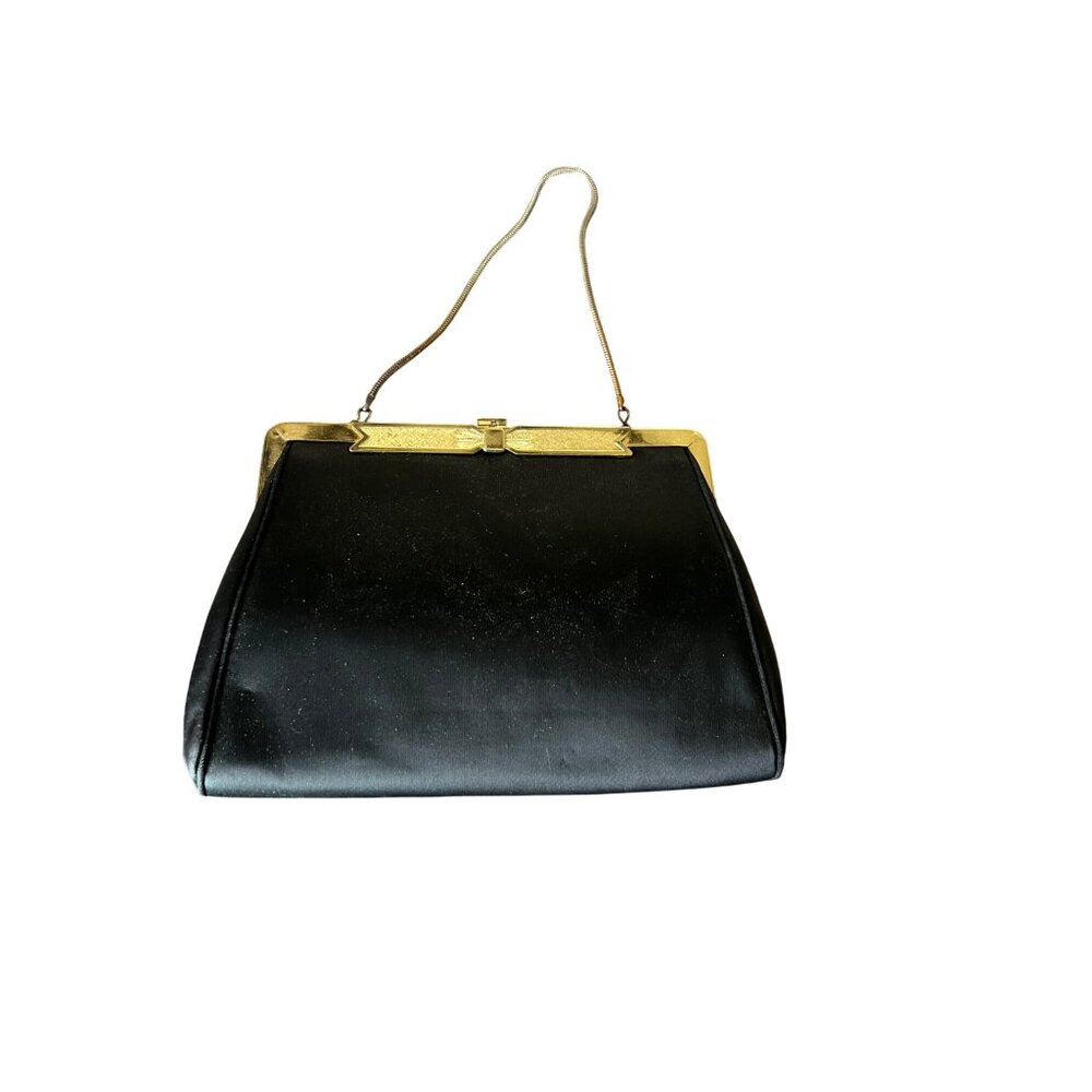 Vintage Black Satin Handbag W/ Gold Frame & Chain Strap By HL USA